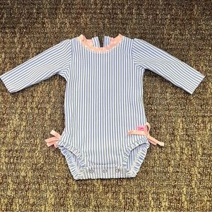 Ruffle Butts Periwinkle Blue Seersucker Long Sleeve Rash Guard One Piece 3-6M